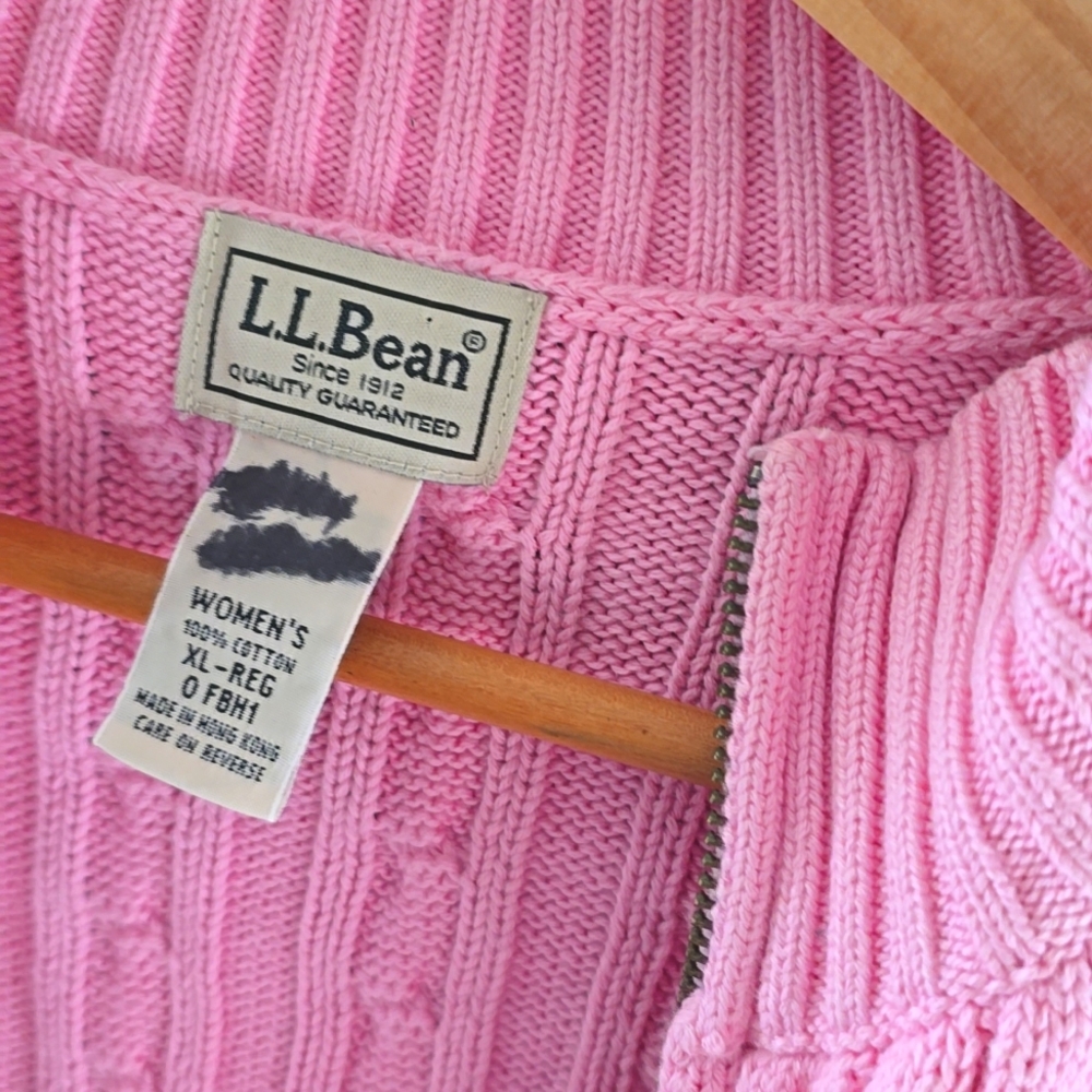 Women's LL Bean Pink Cable Knit Zip Up Cardigan Cotton Sweater XL - Picture 5 of 6